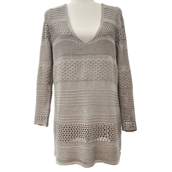 H&M Taupe Mixed Open-Knit Long Sleeve Sweater Tunic Lightweight Size M - Picture 3 of 8